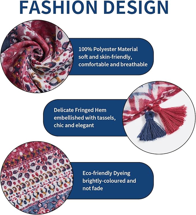 Scarf for Women Lightweight Soft Floral Leopard Printed Scarves Fall Winter Fashion Shawl Wrap with Fringe