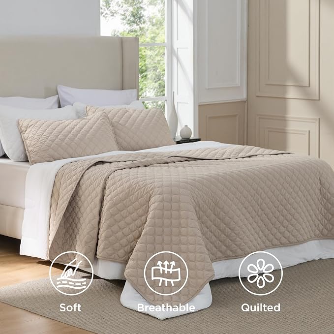 Bedsure Quilts Queen Size, Classic Honeycomb Quilting Comforter Set Taupe | - Image 2