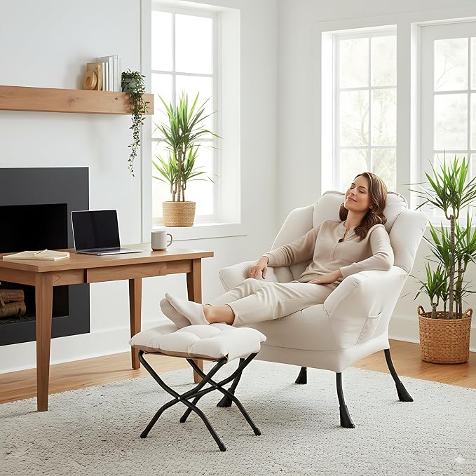Lazy Chair with Ottoman, Comfy Accent Reading Chair, Removable Cover, with - Image 2