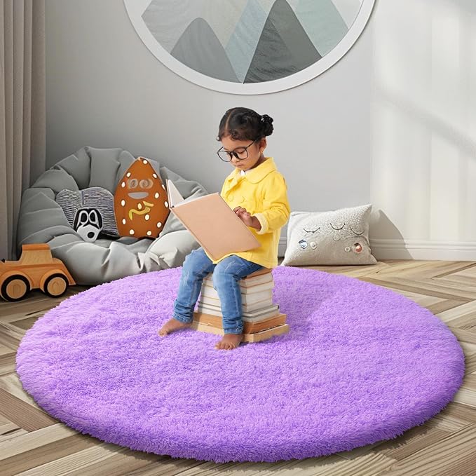 Purple Round Shag Area Rug for Bedroom, Washable Fuzzy Carpet for Room Boys by Junhejiamei