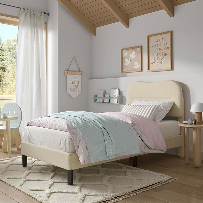 Twin Bed Frames with Headboard, Upholstered Bed Frame Twin, Teddy Soft Boucle Fabric Twin Size bedframes, Soft Cloud Marshmallow Shape Upholstered Headboard, No Box Spring Needed, Noise Free (Beige)