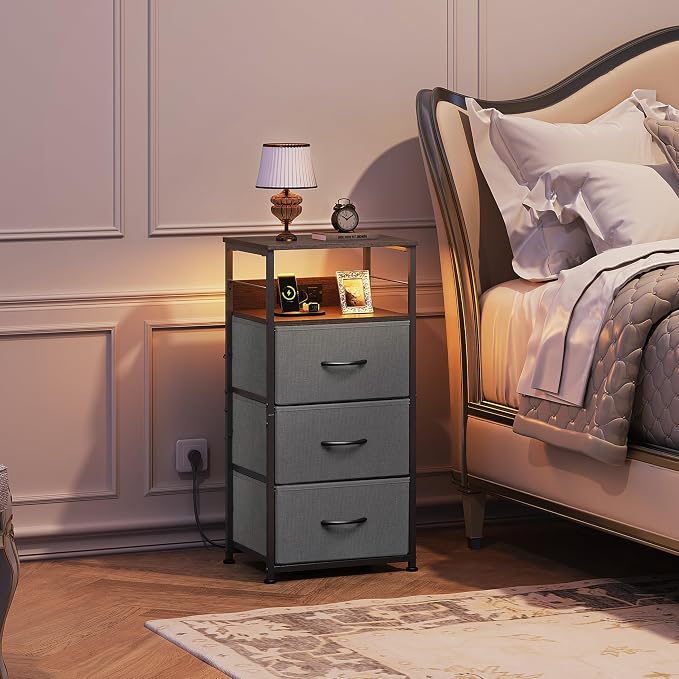 WLIVE Nightstand with Charging Station, 31.9" H Nightstand with 3 Fabric Drawers - Image 2