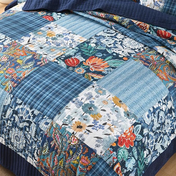 Autumn Dream Cotton Bedspread Luxury Vintage Floral Patchwork Blue Bedding - Image 4