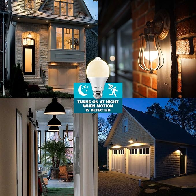 LUXRITE A19 LED Motion Sensor Light Bulbs, 60W Equivalent, Motion Activated Dusk to Dawn Sensor, 3000K Soft White, 800 Lumens, Security Light Bulb, Indoor/Outdoor, UL Listed, E26 Base (4 Pack)