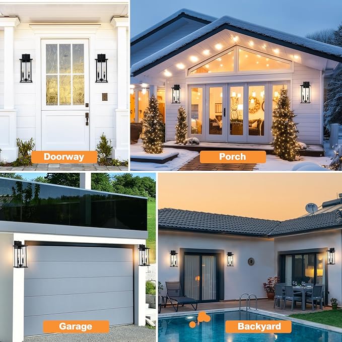 SIAFAVOI 16" Large Dusk to Dawn Outdoo Wall Light Fixtures, Black 2-Pack Exterior Front Porch Light, 2-Light Outdoor Wall Sconce for Outside Patio, Waterproof Exterior Wall Lamp Lighting