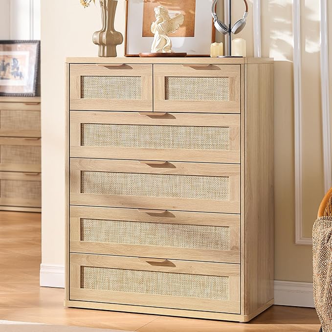 LEYAOYAO Rattan Dresser for Bedroom Set 2, Oak Modern 6 Drawers Boho Dressers - Image 3