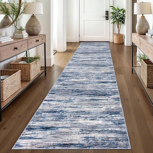 2.6x14 Modern Abstract Runner Rug for Hallways, Navy Blue Gray Neutral Multi Super Soft Hallway Decor Kitchen Rugs with Non-Slip, Non-Shedding Washable Rug for Entryway Bedroom Indoor