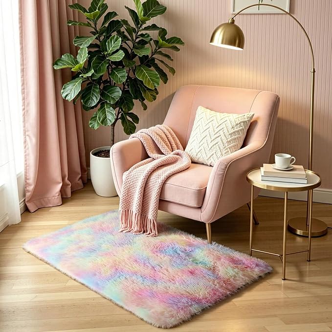 KICHOWUA Rainbow Unicorn Fluffy Fuzzy Rug 2x3, princess kids room, living room - Image 2