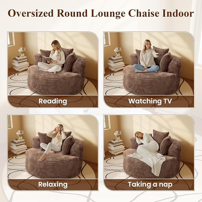 Oversized Round Chaise Lounge Chair Indoor, Modern 50-inch Upholstered Corduroy - Image 7