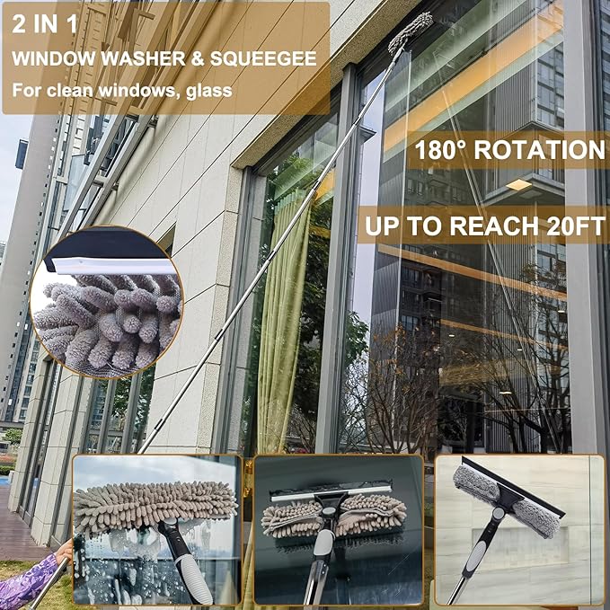 20+ Feet Reach 2 in 1 Window Washing Squeegee & Duster with 3-13 ft Splicable Extension Pole // Window Cleaning Tool & Window Washer Squeegee for Home Indoor Outdoor Window Washing (Grey)