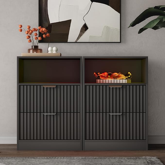 Fluted Nightstand Set of 2, LED Nightstand by WODEER