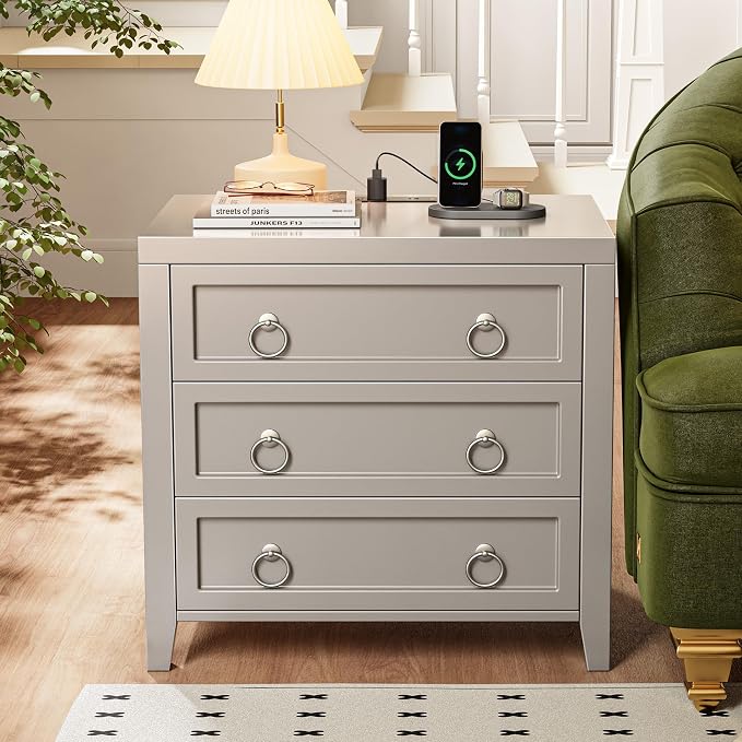Huuger Paint Night Stand with Charger Station, 3 Drawer Nightstand Set of 2 | - Image 7