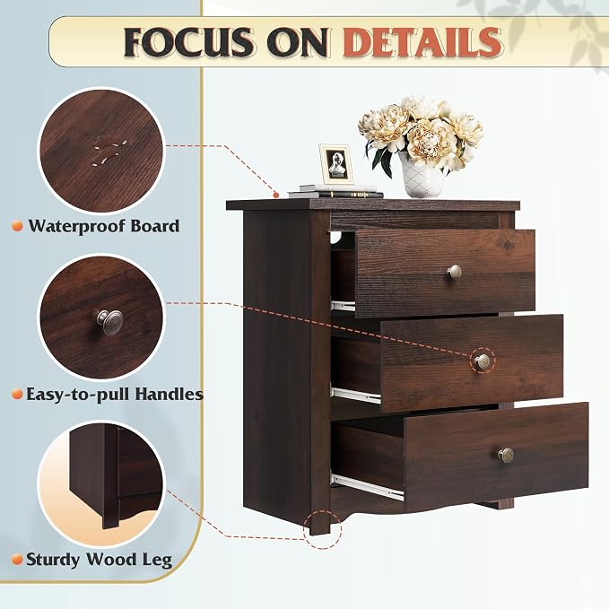 WLIVE Tall Nightstand with Charging Station, Wood Night Stand with 3 Drawers - Image 6