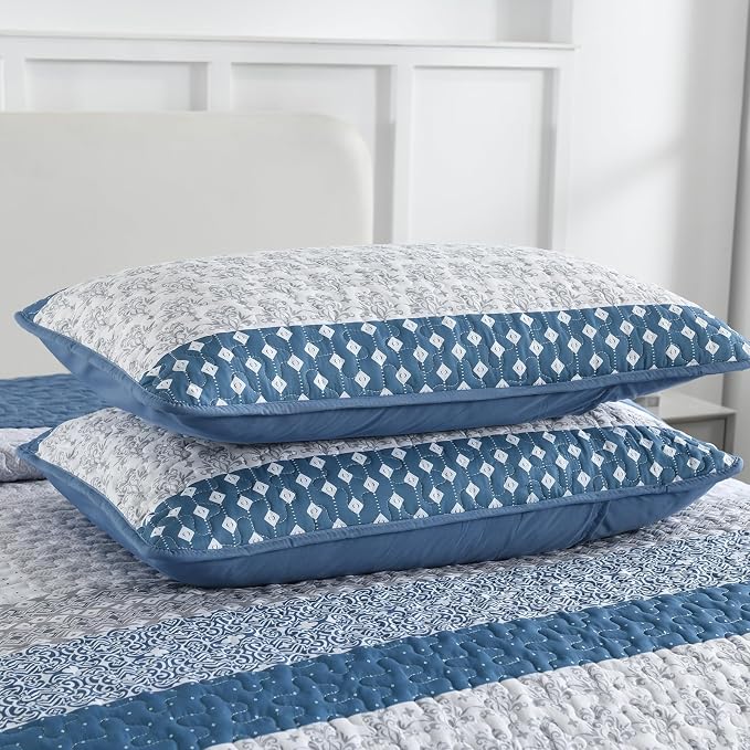 WONGS BEDDING Blue Quilt King Size, 3 Pieces Boho Striped Bedspreads | - Image 6