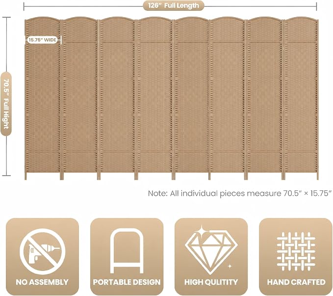 8 Panel Folding Room Divider, Woven Privacy Screen, Light Beige | Solid wood - Image 3