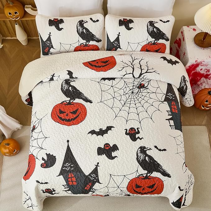 WONGS BEDDING Halloween King Quilt Set, Ghost Pumpkin Bedspread, Breathable - Image 3