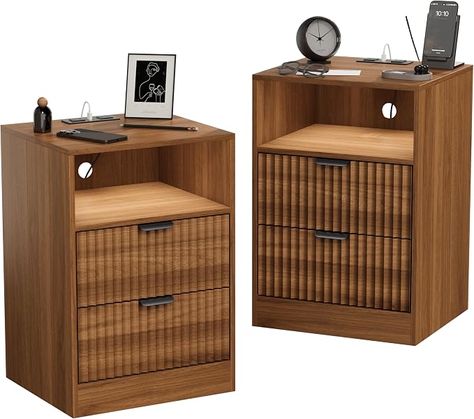 LED Nightstand with Charging Station, Fluted Nightstand Set of 2, Wood - Image 9