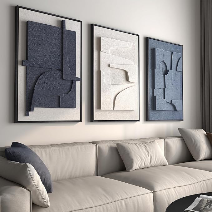 Large 3D Textured Framed Blue and White Abstract Wall Art by Cuspin