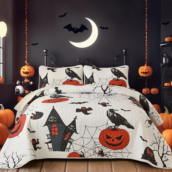 WONGS BEDDING Halloween King Quilt Set, Ghost Pumpkin Bedspread, Breathable by WONGSBEDDING