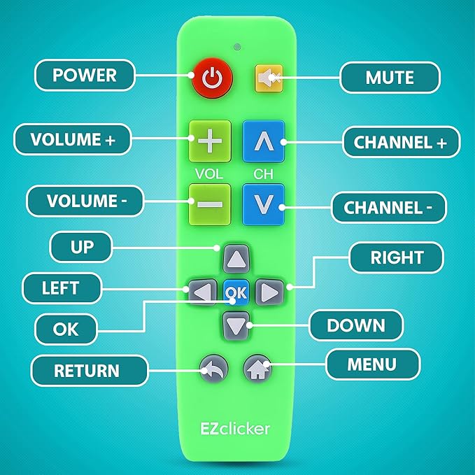EZclicker Plus Big Button Universal TV Remote (Green) Simple Easy to Use, Works with Major TV Brands (2xAAA Batteries Not Included)