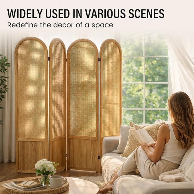 4 Panel Rattan Room Divider Screen, Boho Folding Privacy Screen | Decorative - Image 6