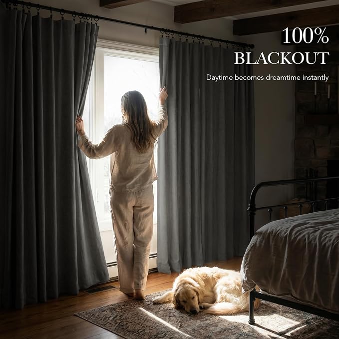 RYB HOME Grey 100% Blackout Linen Curtains 108 Inch Long - Image 3