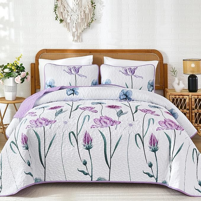 WONGS BEDDING Purple Queen Quilt Set, 3 Pieces Light Purple Floral Bedspread by WONGSBEDDING