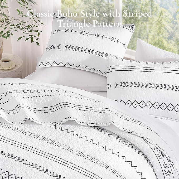 White California King Quilt Set, 3 Pieces Boho Striped Bedspread | Soft - Image 4