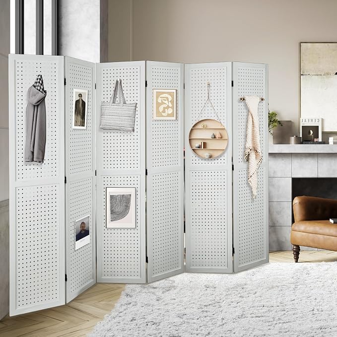 6 Panel Pegboard Room Divider | White Wood Folding Privacy Screen - Image 9