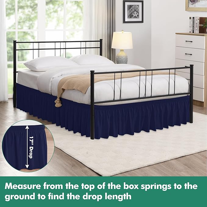 Biscaynebay Wrap Around Bed Skirts with Split Corners for King Beds 17" Drop, Navy Elastic Dust Ruffles Easy Fit Wrinkle & Fade Resistant Silky Luxurious Fabric Solid Machine Washable