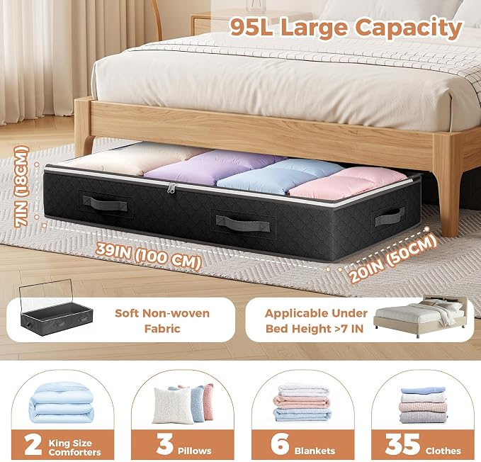 95L Under Bed Storage Containers, 6 Pack Clothes Storage Bins | Foldable - Image 3