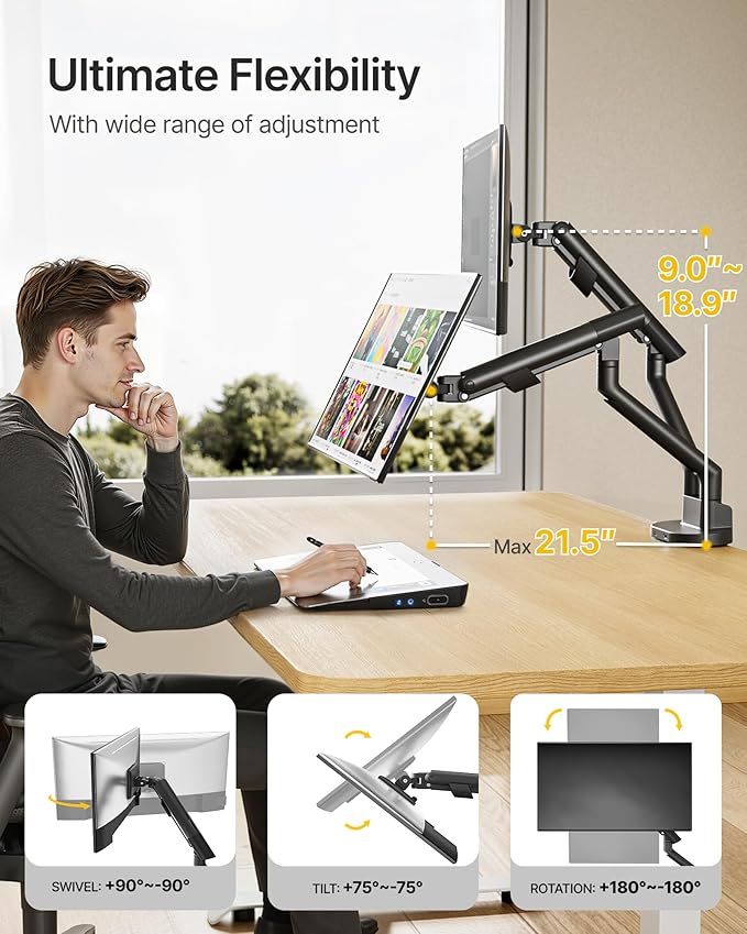 monTEK Dual Monitor Stand Mount with USB Up to 35" Screens, Each Arm Holds Max 24.3 lbs, Full Motion Adjustable Monitor Arm Desk Mount with C-Clamp/Grommet,VESA 75/100mm, MA1010UCBK-D