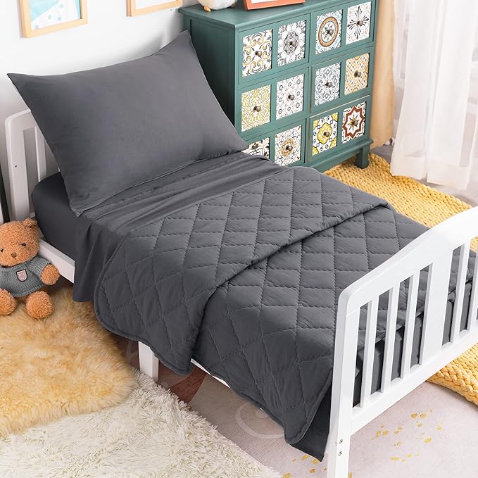 4-Piece Toddler Bedding Set for Girls and Boys – Soft and Breathable Crib Bedding with Quilted Comforter, Fitted Sheet, Flat Top Sheet and Envelope Pillowcase, Dark Grey