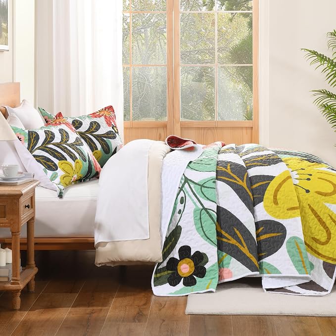 California King Quilt, Cal King Oversized Green Floral Bedspread | 3 Pieces - Image 3