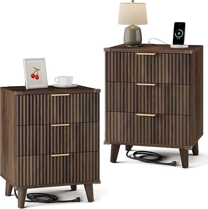 Wood Nightstands Set of 2 w/Charging Station, 3 Drawers Fluted Dresser | Walnut by Lulive