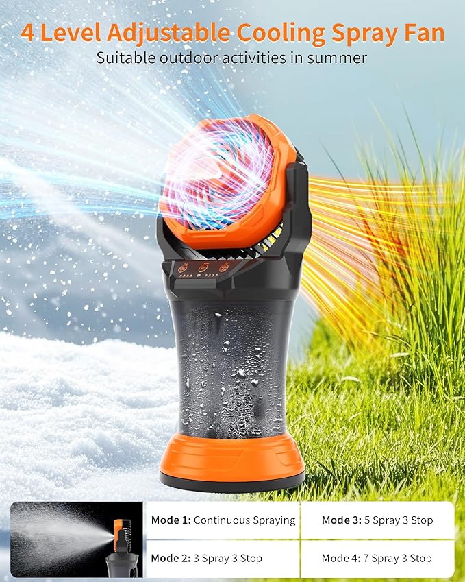 WESTTREE Portable Misting Fan with Large Battery Fan-Rechargeable Outdoor Misting Cooling Fans with 2L Water Tank,RGB Lights,4 Speeds & Spray Modes-for Patio, Camping, Beach, Workshop (X65 Orange)