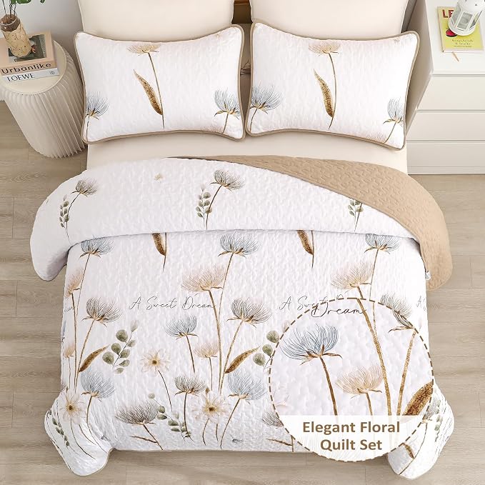Dinjoy Floral Quilt Set California King, Khaki Bedspreads Fall Bedding Set | 3 - Image 2