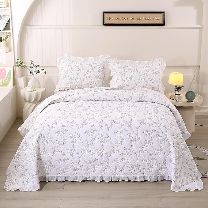 ROOMLIFE Quilt Set Full Size 3D Floral Embroidery Pattern 3-Piece Cotton - Image 2