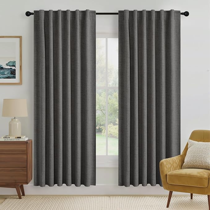 RYB HOME Grey 100% Blackout Linen Curtains 72 Inch Long by RYBHOME