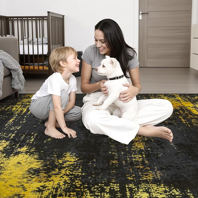 9x12 Area Rug Living Room: Modern Washable Soft Carpet Black Gold | - Image 9