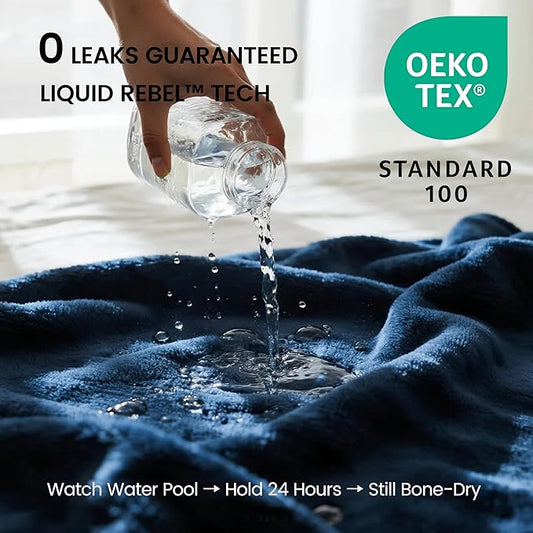 gogobunny Waterproof Bed Blanket, Reversible Sherpa Fleece Throw Blanket for Dog Puppy Cat, Furniture Cover Protects Bed Couch Sofa from Liquid Pee and Pet Fur (Navy Blue, 90x90 inches)