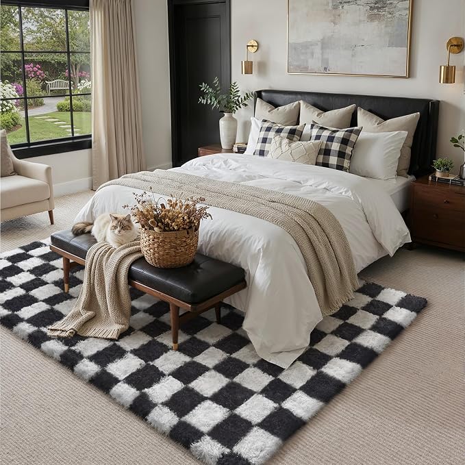 Checkered Rug 5x7 for Living Room Black and White Soft Shag Rugs | Machine - Image 4