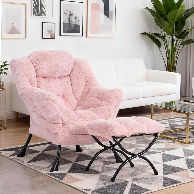 Welnow Lazy Chair with Ottoman, Reading Chair with Footrest, Plush Pink | A - Image 9