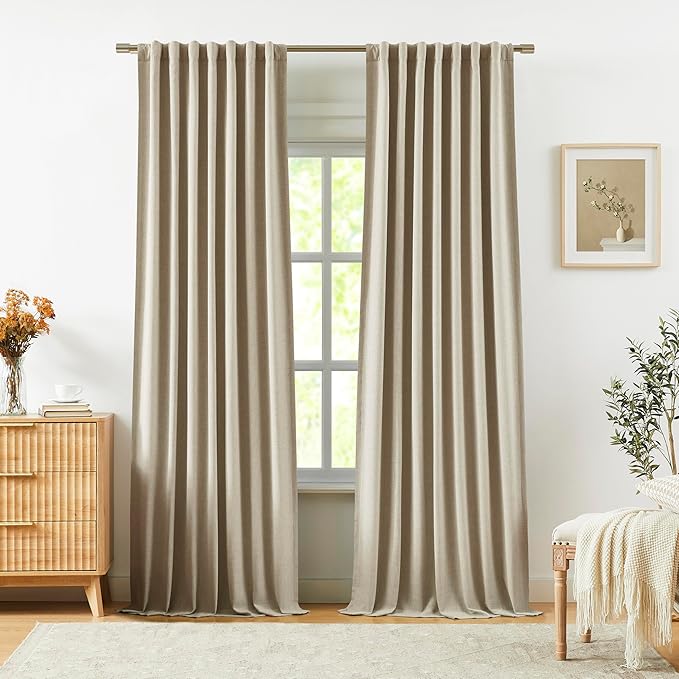 Vision Home Sand Linen Full Blackout Curtains 95 inch Long for Bedroom Living Room Darkening Light Blocking Window Panels Thermal Insulated Rod Pocket Back Tab Neutral Drapes 56" Wx95 Lx2