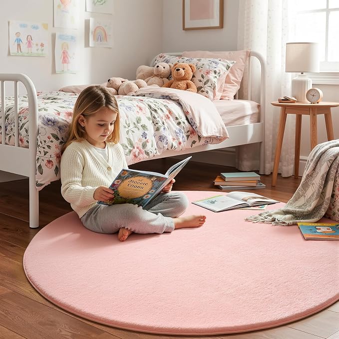Pink Round Area Rug 4ft Washable Circle Rug - Image 2
