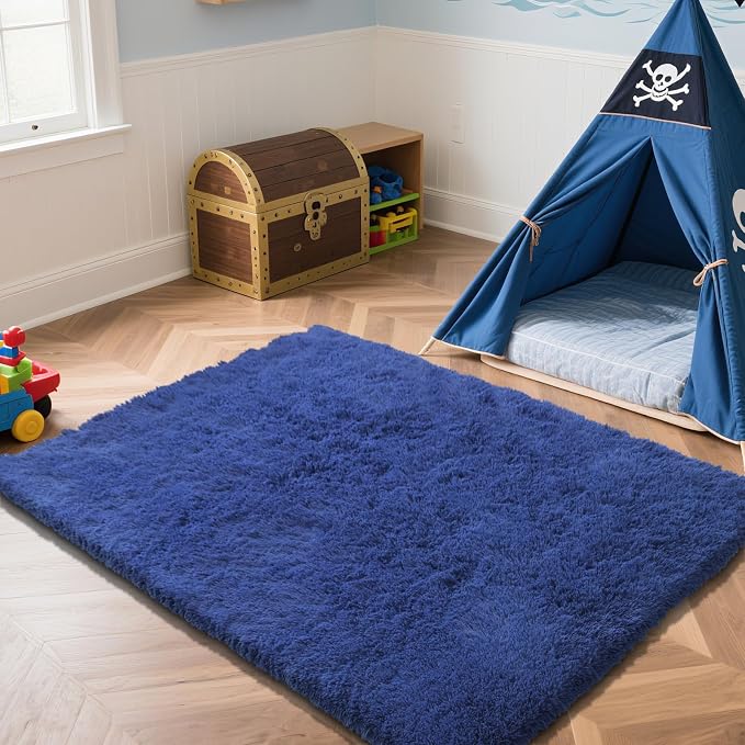 4x6 Blue Rug for Bedroom, Fluffy Shag Area Rugs Small Carpet Bedside Rug | - Image 2