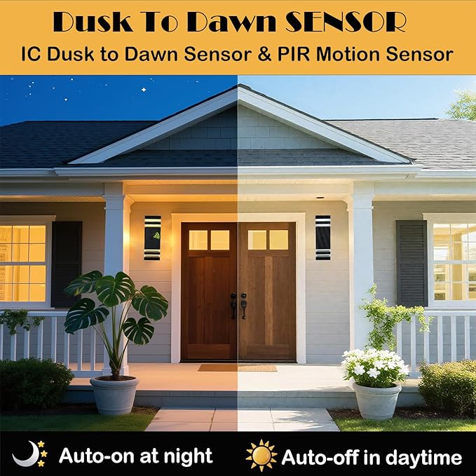 iYogaled Motion Sensor Outdoor Wall Lights with 3 Lighting Modes, Dusk to Dawn Porch Light with Bulbs Include, IP65 Waterproof Modern Black Wall Sconce for Patio, Garage, Front Door