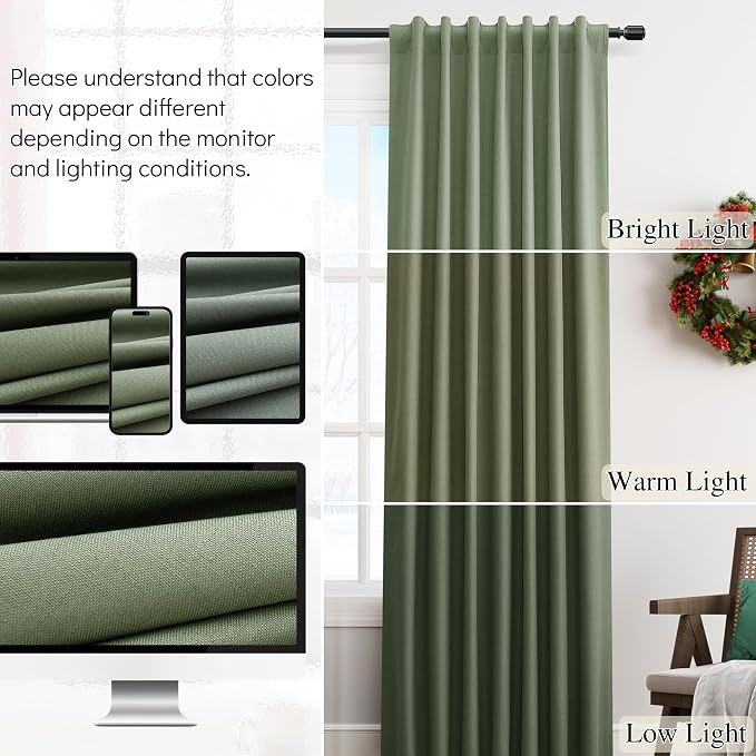 Olive Green 100% Blackout Linen Textured Curtains 92 Inches Long 2 Panels Set - Image 7