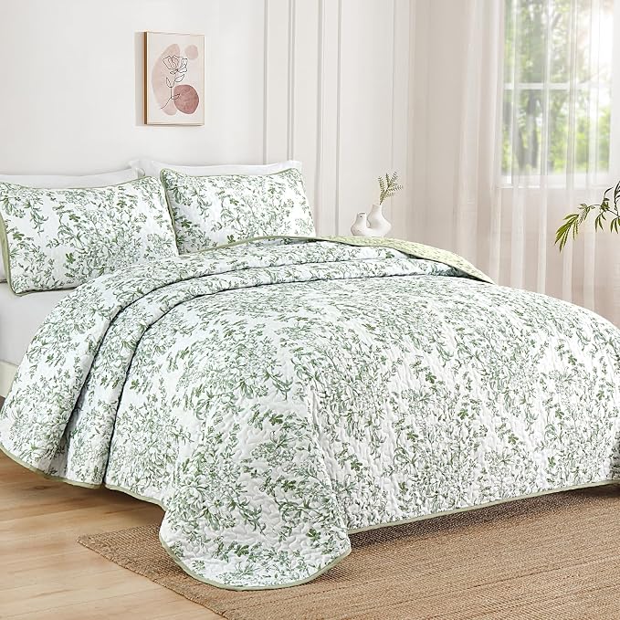 WONGS BEDDING California King Quilt Set, Sage Green Botanical Lightweight | - Image 2