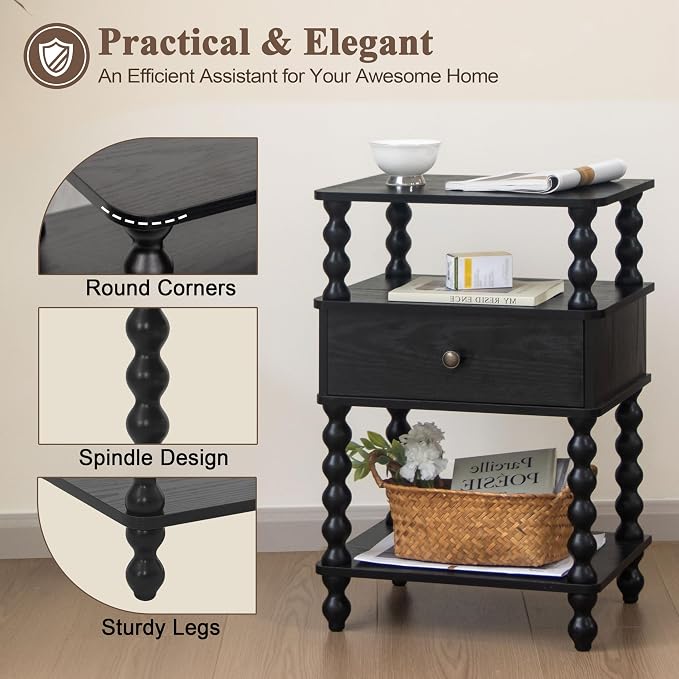 AWASEN Black Nightstand, Bed Side Table Bedroom - Image 3